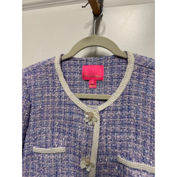 Lilly Pulitzer Purple Tweed Jacket Floral Sequin Button Crochet Trim Womens S - Picture 2 of 3